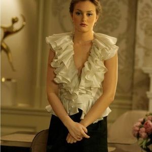 Pewter Open Back Ruffle Blouse similar to Blair Waldorf Bill Blass Blouse